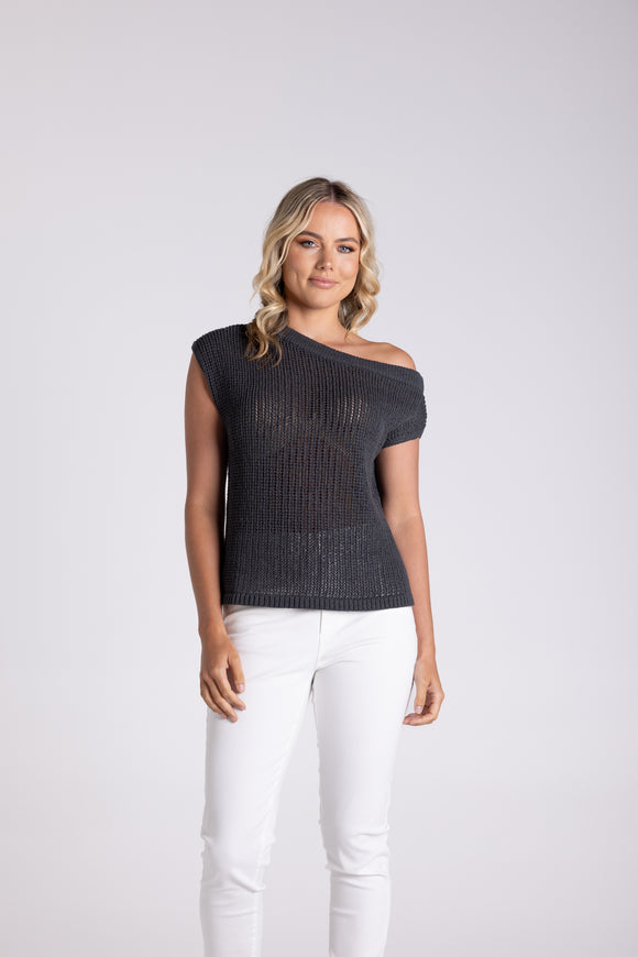 Tape Yarn Boat Neck Top - Charcoal & Sand