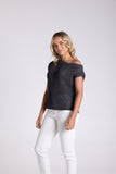 Tape Yarn Boat Neck Top - Charcoal & Sand