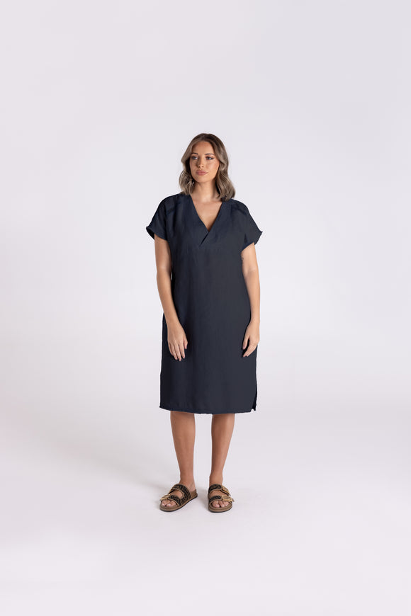 Linen Dress with Fringe Detail - Charcoal & Melon