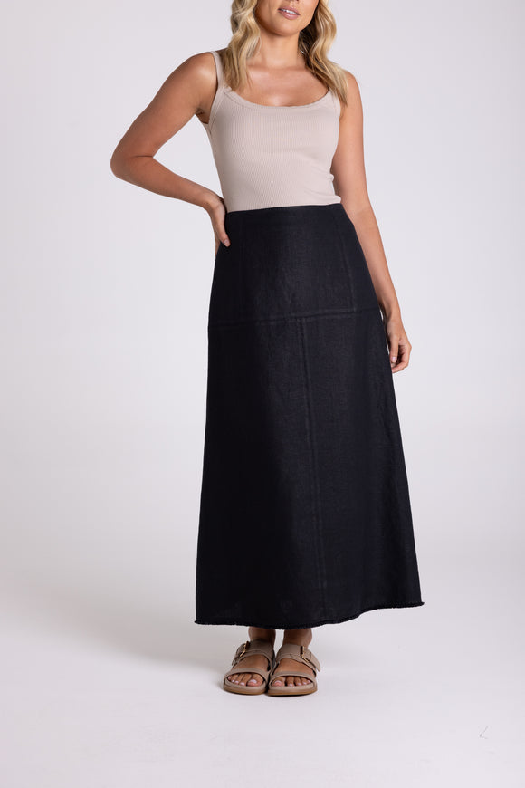 Linen Tweed Midi Skirt - Black & Natural