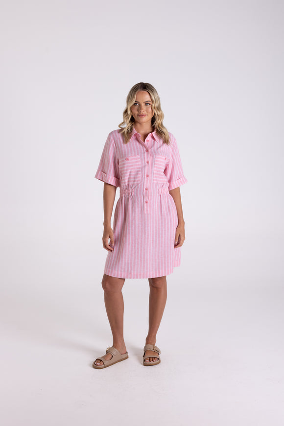 Linen Viscose Stripe Dress - Coral/White