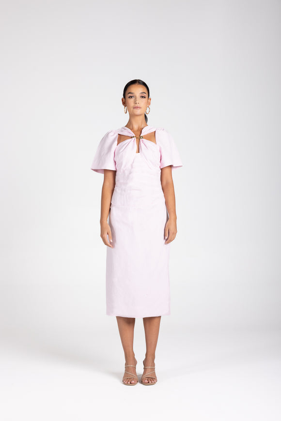 Draped Midi Dress W/ Gold Clip - Pink