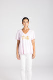 V-Neck Beaded Logo T-Shirt - Pink & White