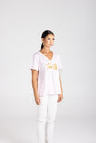V-Neck Beaded Logo T-Shirt - Pink & White