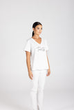 V-Neck Beaded Logo T-Shirt - Pink & White