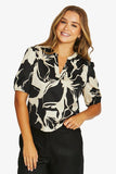 Lush Mono Gather Slv Top - Black/Ecru