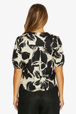 Lush Mono Gather Slv Top - Black/Ecru