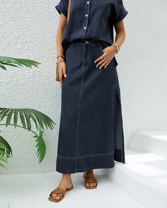 Contrast Stitch Denim Maxi - Dark Denim