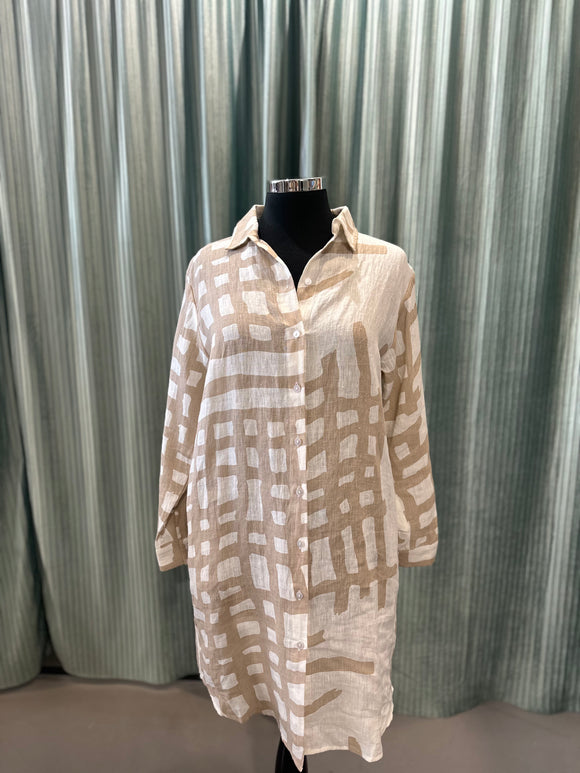 Abstract Linen Shirt Dress - Beige