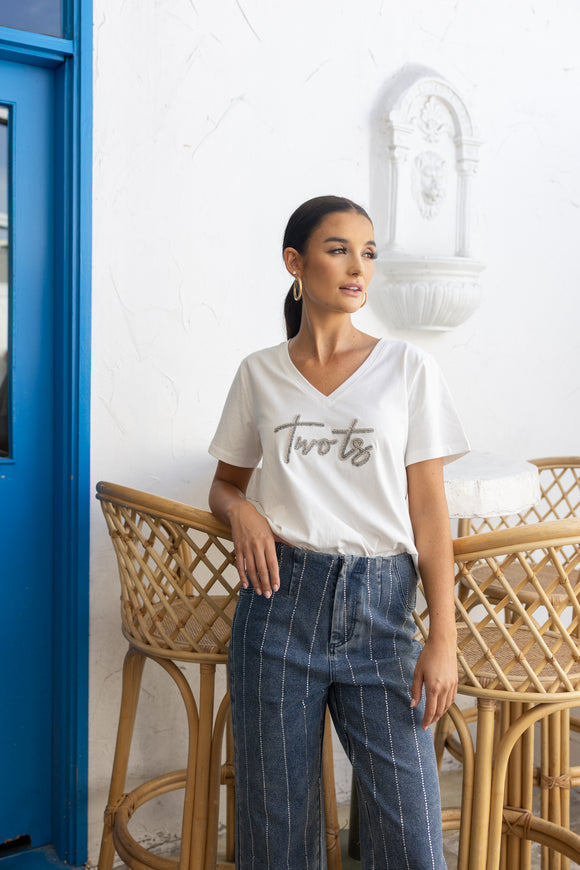 V-Neck Beaded Logo T-Shirt - Pink & White