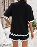 Waffle Cotton Contrast Trim Set - Black/White