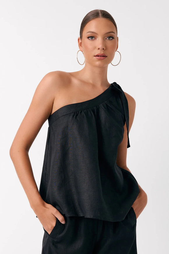 Frida Linen One Shoulder Top - Black