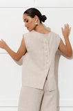 Kita Linen Button Back Top - Natural & White