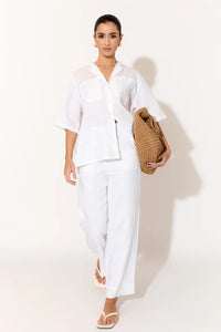 Nisha Cropped Linen Pant - Natural & White