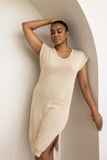 Cotton Knitted Midi Dress - Cream & Slate